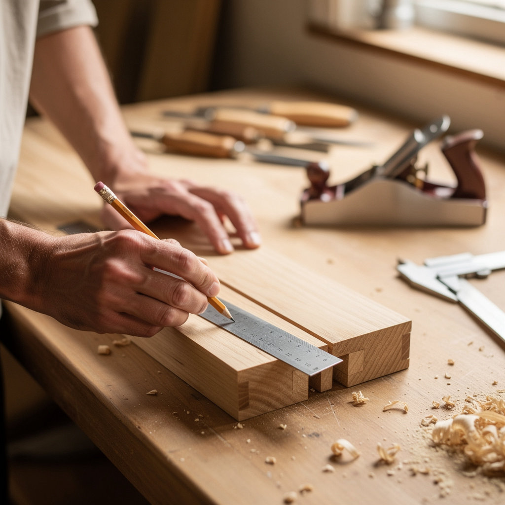 Woodwright Furniture custom furniture design process with sketches and wood samples in Santa Barbara workshop