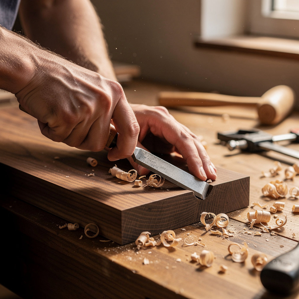 Woodwright Furniture custom furniture design process with sketches and wood samples in our Santa Barbara workshop