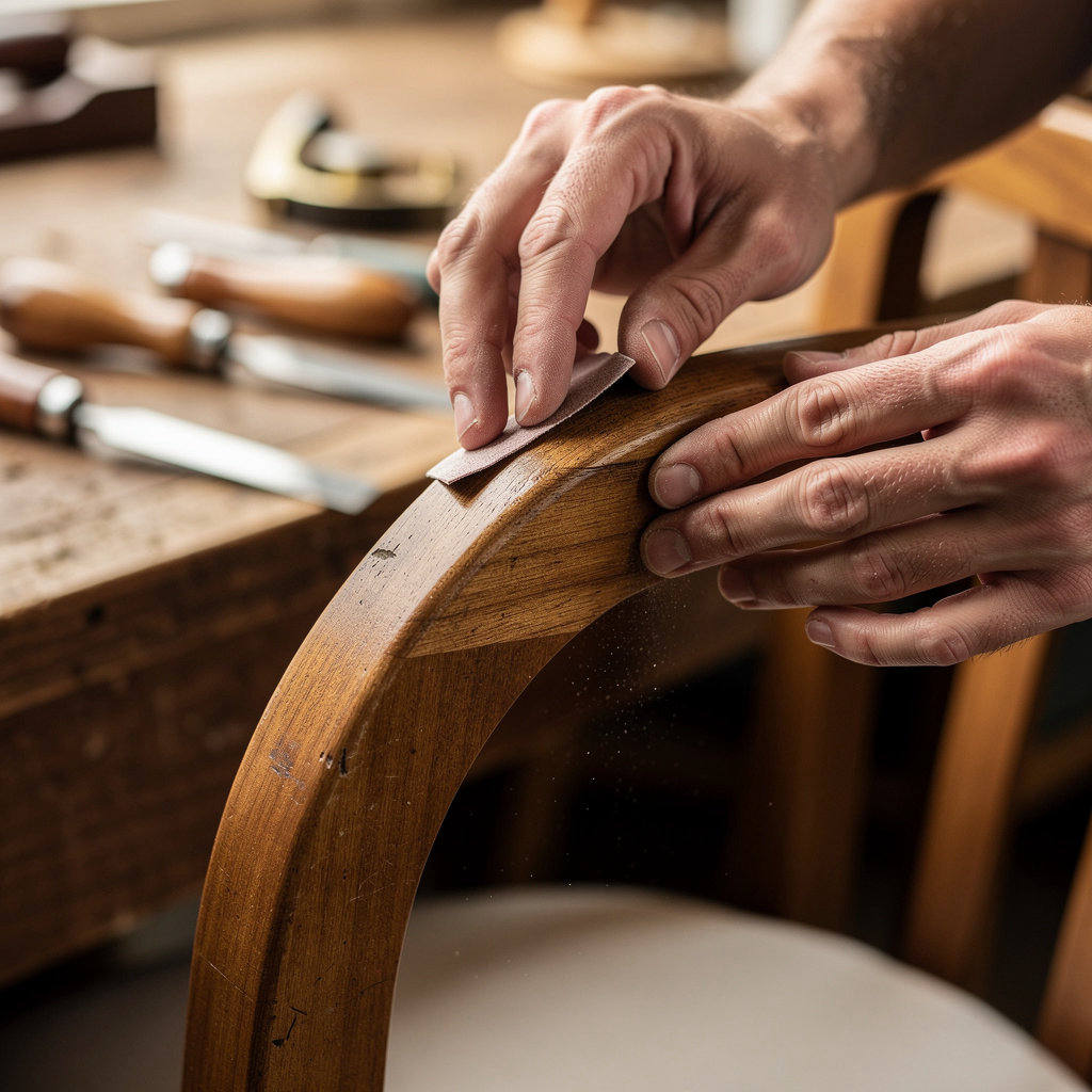 Woodwright Furniture artisan carefully restoring an antique wooden chair in our Santa Barbara workshop
