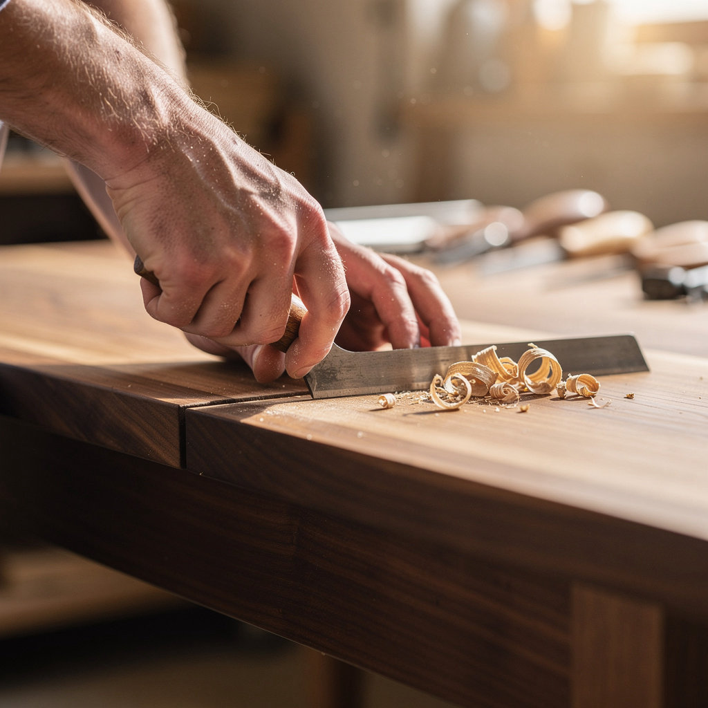 Woodwright Furniture artisan crafting a custom wooden table in our Santa Barbara workshop